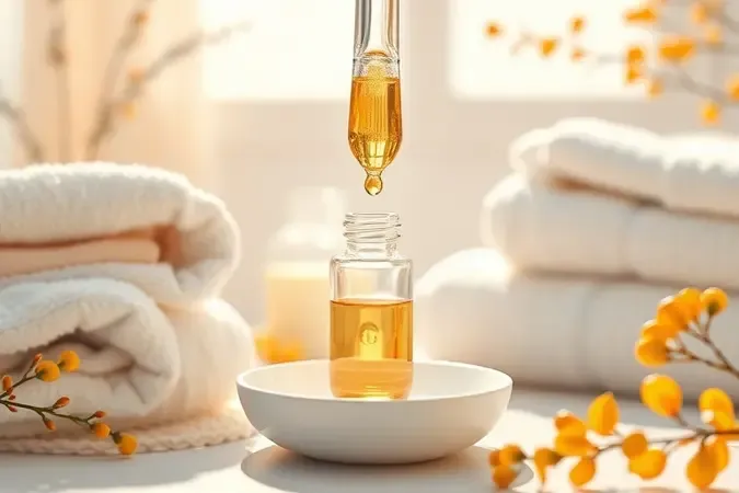 Como usar vitamina C na rotina de skincare com conta-gotas de vidro e sérum dourado em render 3D