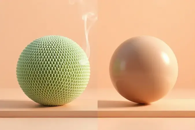 Render 3D conceitual comparando ação de desodorante e antitranspirante com esferas porosa e selada em tons verde e terracota.