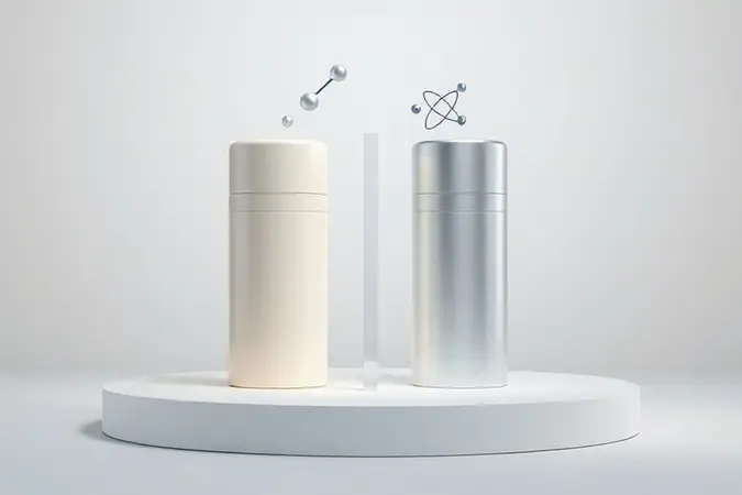 Comparação conceitual 3D entre desodorante sem perfume e sem alumínio com ícones flutuantes representando suas diferenças.
