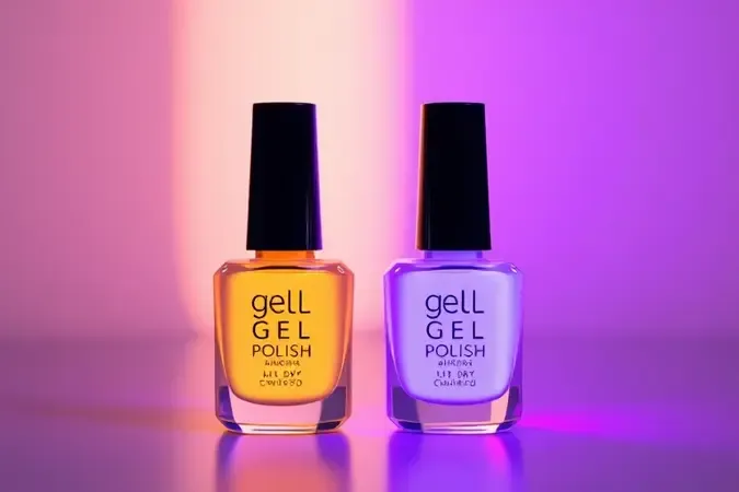Comparação conceitual 3D entre esmalte em gel de secagem natural e com cabine UV, composição minimalista.
