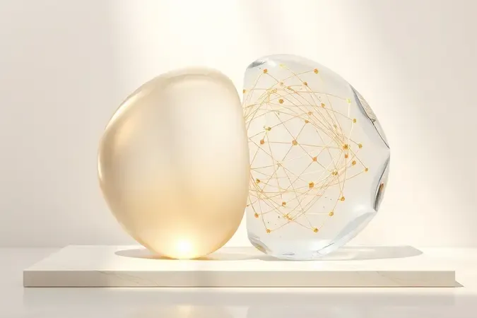 Composição 3D conceitual comparando hidratação simples com tratamento anti-idade através de formas abstratas com diferentes níveis de complexidade.