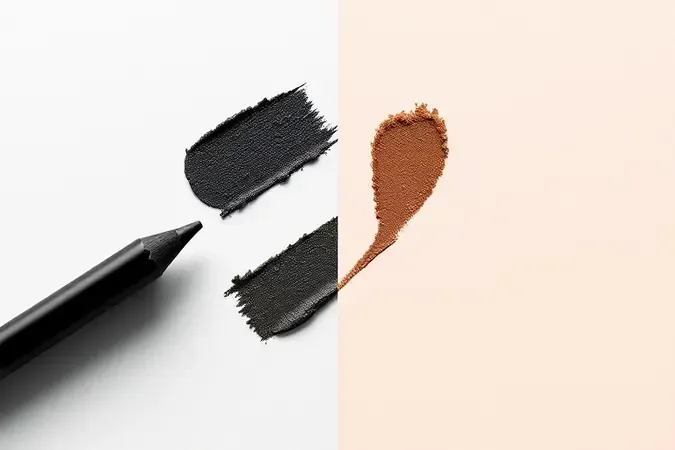 Render 3D comparando lápis de olho preto e marrom com swatches lado a lado em iluminação dividida.