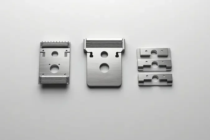 Render 3D comparando configurações de lâminas de barbear com uma, três e cinco lâminas em aço inoxidável escovado.