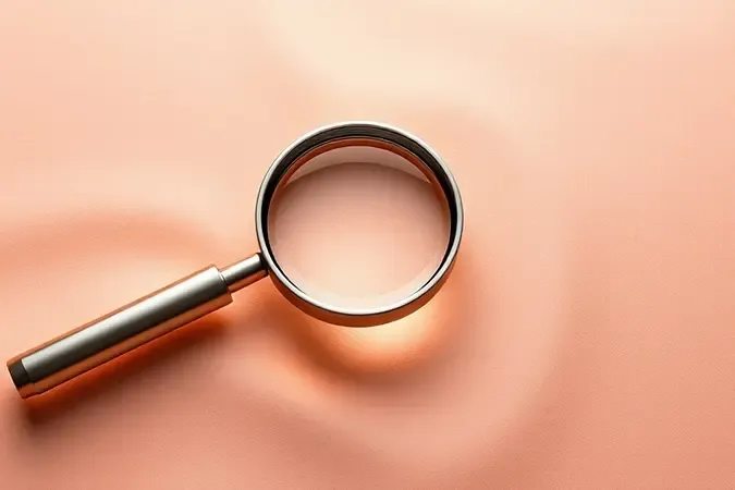 Render 3D conceitual de lente metálica sobre superfície abstrata em tons pêssego representando avaliação dermatológica profissional.