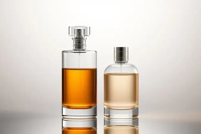 Comparação conceitual entre concentrações de perfume em frascos de vidro elegantes.