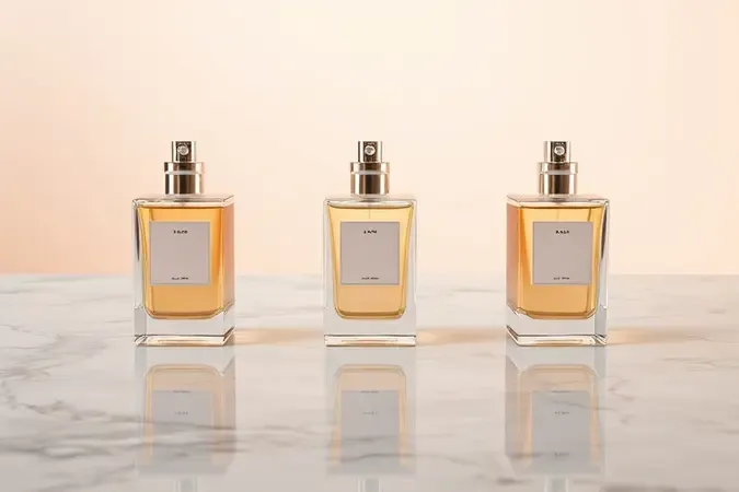 Render 3D de três frascos de perfume sem marca lado a lado representando diferentes concentrações de fragrância.