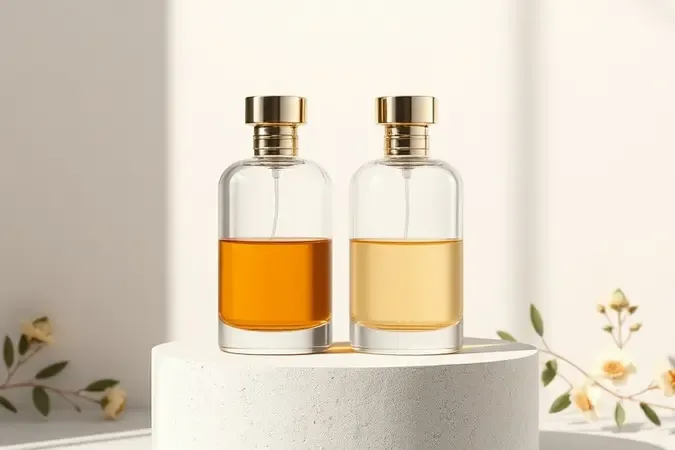 Render 3D conceitual comparando concentrações de perfume com dois frascos de vidro sem marca em fundo neutro.