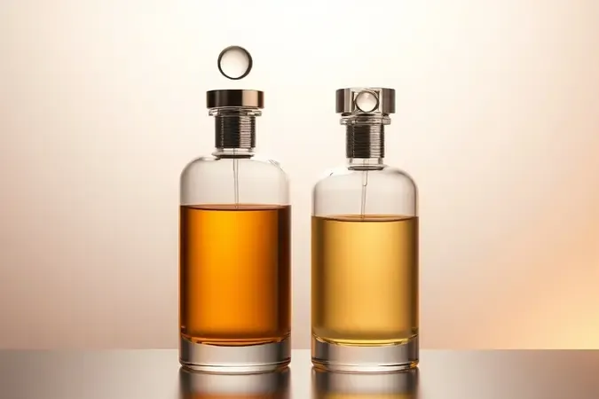 Dois frascos de perfume sem marca com diferentes tamanhos representando concentrações de fragrância