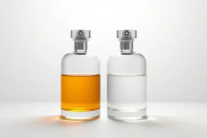 Comparação visual 3D entre concentrações de perfume Eau de Parfum e Desodorante Colônia em frascos minimalistas.