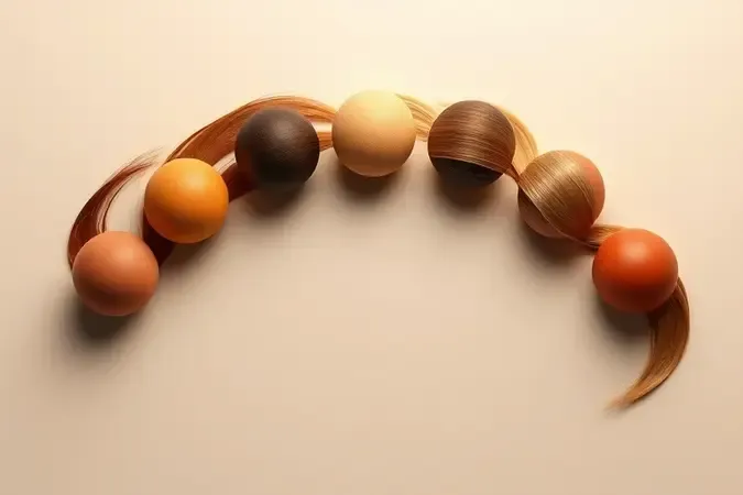 Renderização conceitual 3D de espectro de cores para cabelos em tons castanhos, loiros e acobreados sobre superfície neutra.