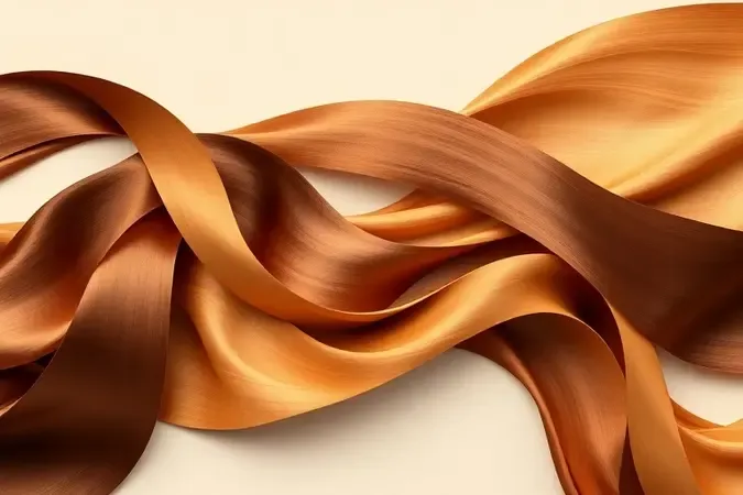 Composição 3D de fitas abstratas de cetim em tons de chocolate, caramelo, mel e acaju representando paleta de tinturas seguras.