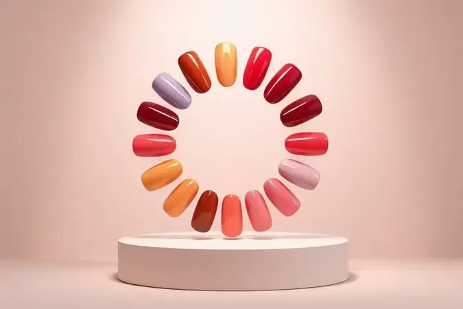 Paleta circular de esmaltes em cores tendência com acabamento brilhante em render 3D.