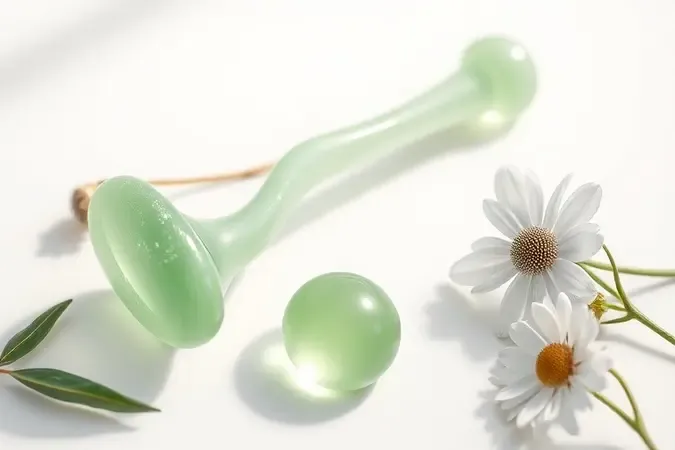 Composição 3D serena com roller de jade, gotas de aloe vera e camomila para cuidados delicados com a área dos olhos sem irritação.