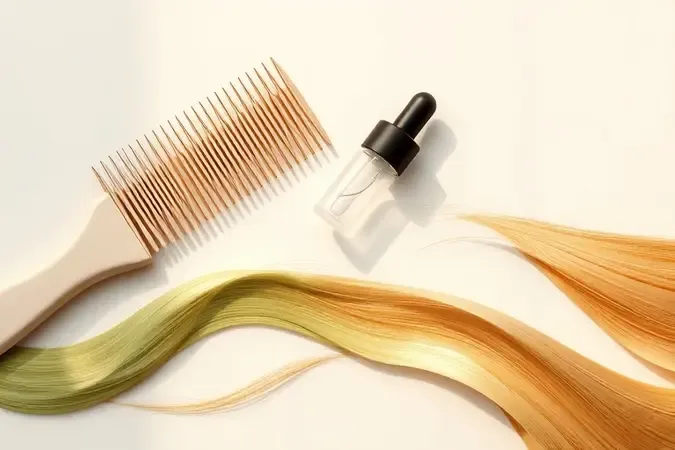 Conceito 3D de cuidados diários com cabelo incluindo pente minimalista e representação de fios saudáveis.