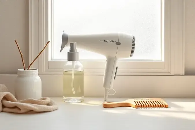 Render 3D de secador de cabelo com frasco de protetor térmico e pente de madeira em ambiente minimalista e sereno