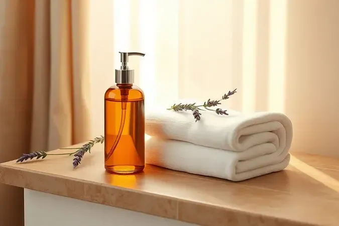 Render 3D de ambiente spa minimalista com óleo capilar e toalha representando cuidados pós-progressiva.