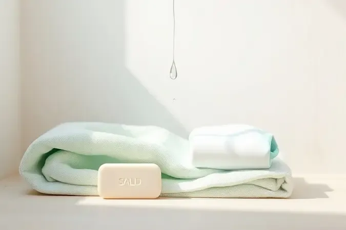 Render 3D conceitual de cena de higiene infantil com toalha pastel, sabonete branco e gotas d'água flutuando.