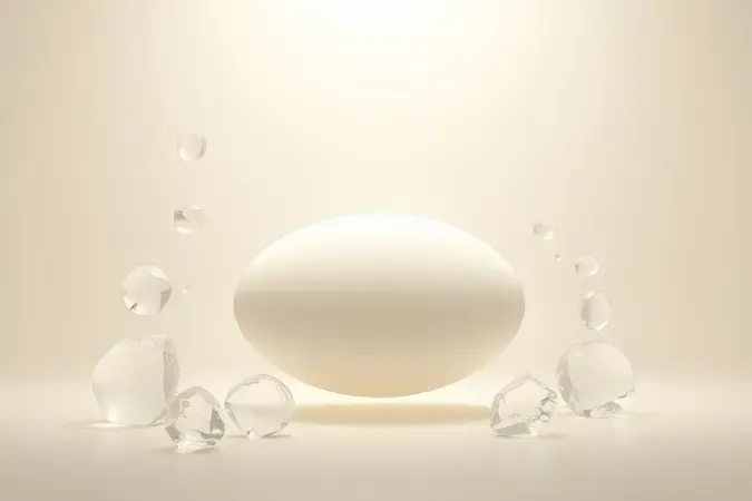 Render 3D conceitual de cuidados com a pele com forma oval suave e gotículas translúcidas em tons claros representando higiene diária.
