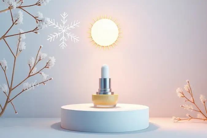 Conceito 3D de cuidados labiais no inverno e verão com floco de neve e sol sobre base minimalista.