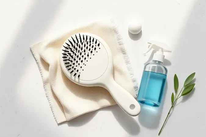Kit de limpeza e manutenção de escova modeladora em renderização 3D com pano de microfibra e borrifador