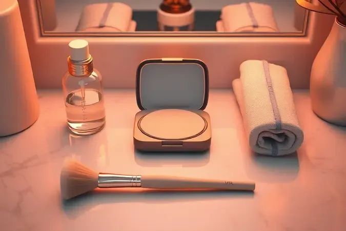 Renderização 3D de penteadeira organizada com paleta de sombras compacta, frasco spray e pano de microfibra para cuidados e conservação.