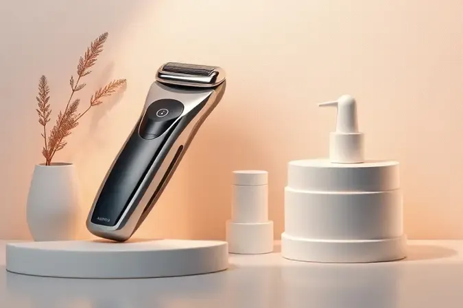Render 3D conceitual de cuidados com a pele e barbeador elétrico sem marca