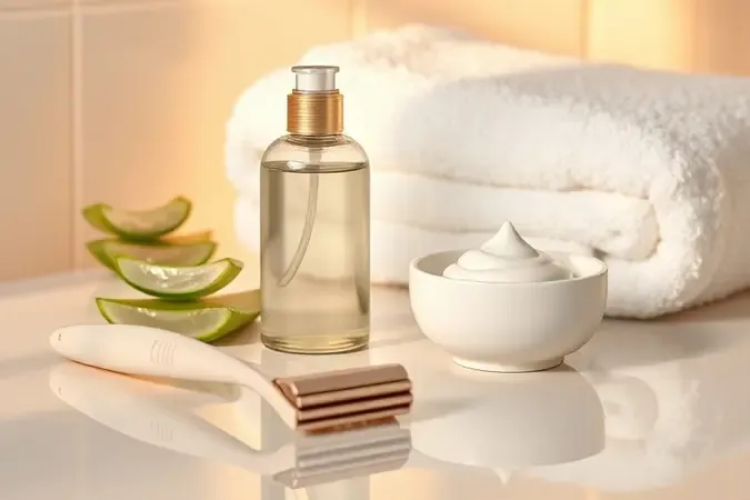 Renderização 3D de barbeador feminino com loção, creme e babosa, conceito de cuidados com a pele antes e depois da depilação