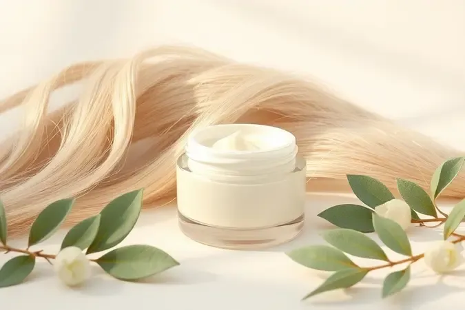 Renderização 3D de cuidados pós-coloração com creme suave e fios de cabelo para peles sensíveis.