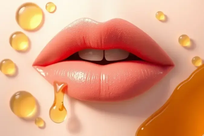 Render 3D conceitual de lábios hidratados com brilho suave e gotas de óleo nutritivo após esfoliação.