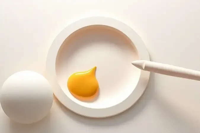 Renderização 3D conceitual de aplicação suave de creme dourado no contorno dos olhos com tons neutros e iluminação difusa.