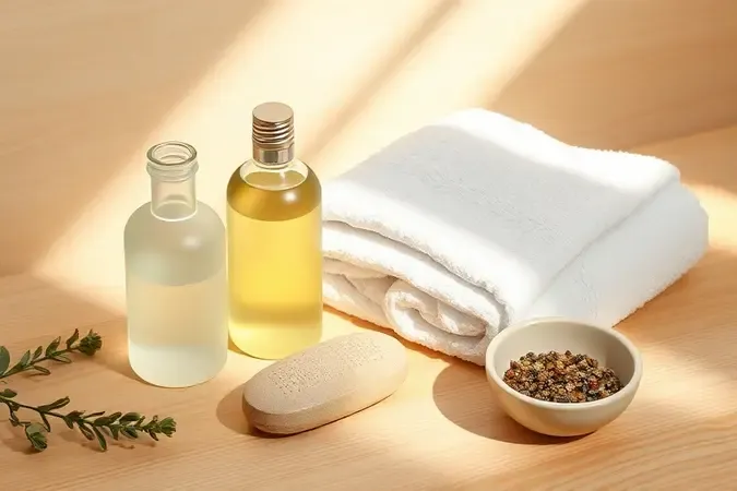 Arranjo relaxante de cuidados com as unhas com óleo para cutícula, pedra-pomes e toalha em estilo spa minimalista.