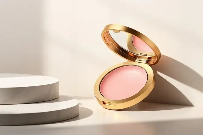 Blush compacto premium sem marca em composição 3D sofisticada sobre superfície neutra