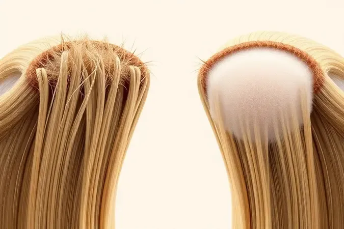Comparação conceitual 3D entre cutículas capilares abertas e fechadas mostrando a diferença na textura e alinhamento dos fios de cabelo.
