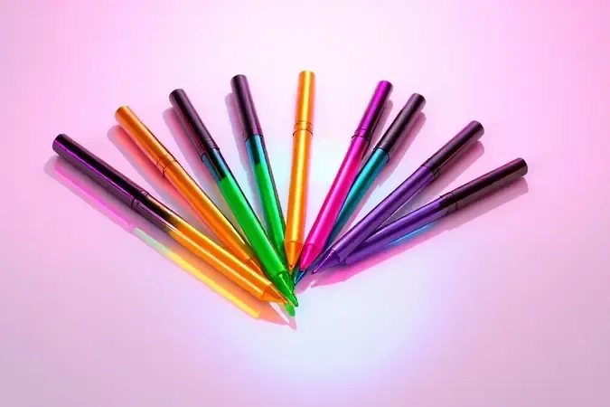 Delineadores coloridos vibrantes em disposição festiva conceitual com renderização 3D profissional.