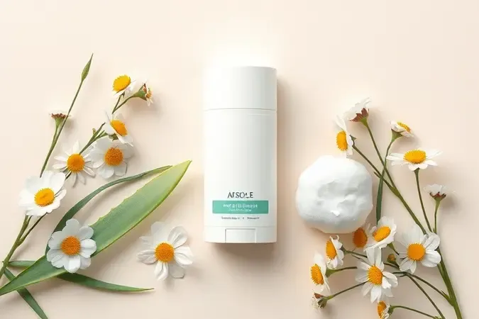 Renderização 3D de desodorante genérico com aloe vera e camomila para pele sensível.