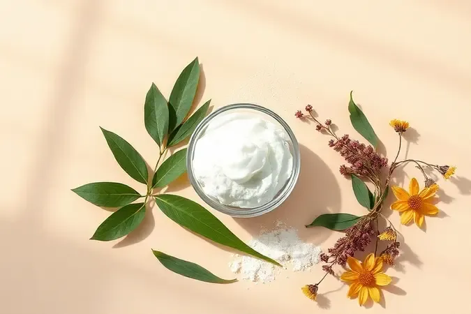 Render 3D conceitual de ingredientes naturais para desodorante como óleo de coco e folhas verdes
