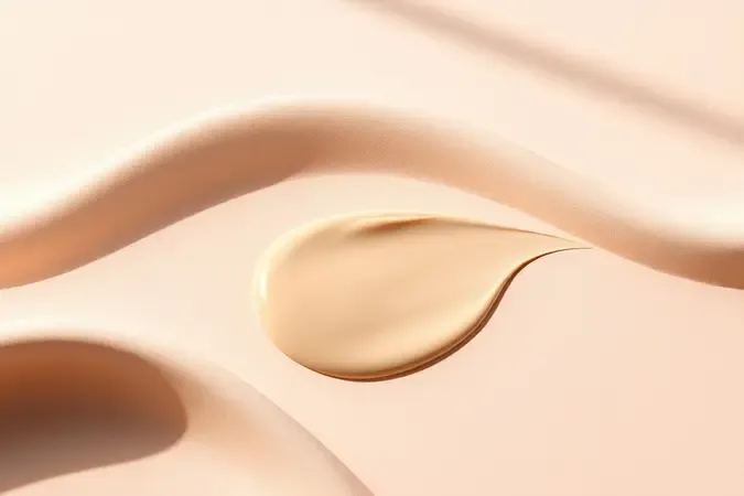 Render 3D de aplicação de base com esponja e gota de produto sobre superfície neutra