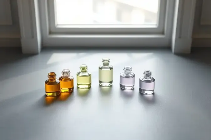 Frascos abstratos de vidro em diferentes tonalidades representando as opções disponíveis na escolha de um perfume unissex ideal.