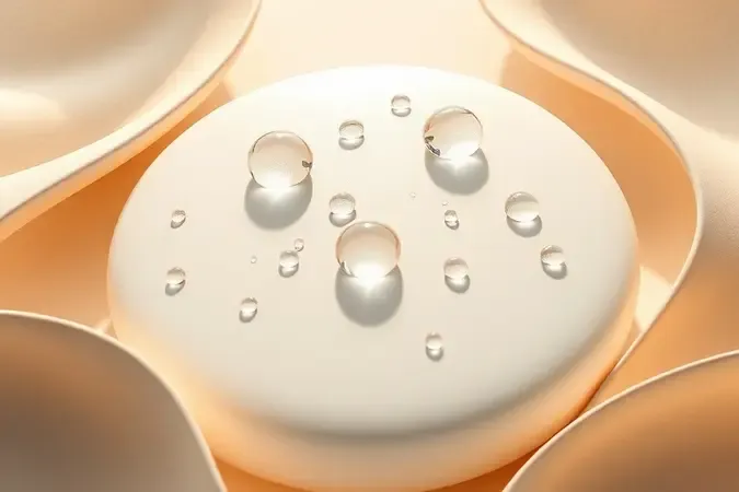 Render 3D conceitual com superfície luminosa, gotas de água e formas curvas em tons quentes simbolizando hidratação corporal potencializada.