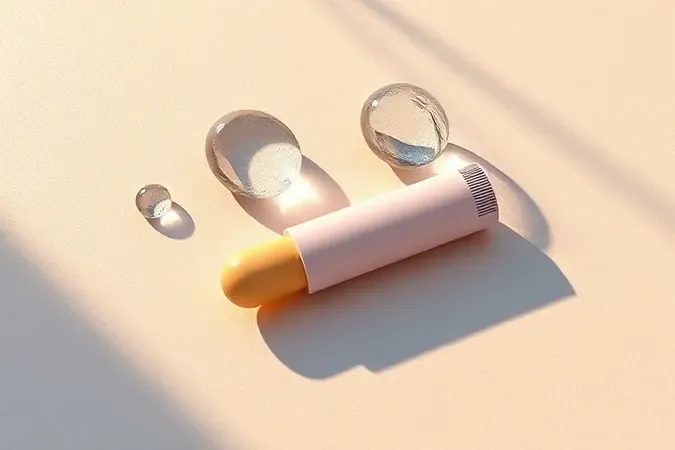 Render 3D conceitual com protetor labial sobre superfície gelada, representando dicas de proteção labial contra frio intenso com iluminação quente.