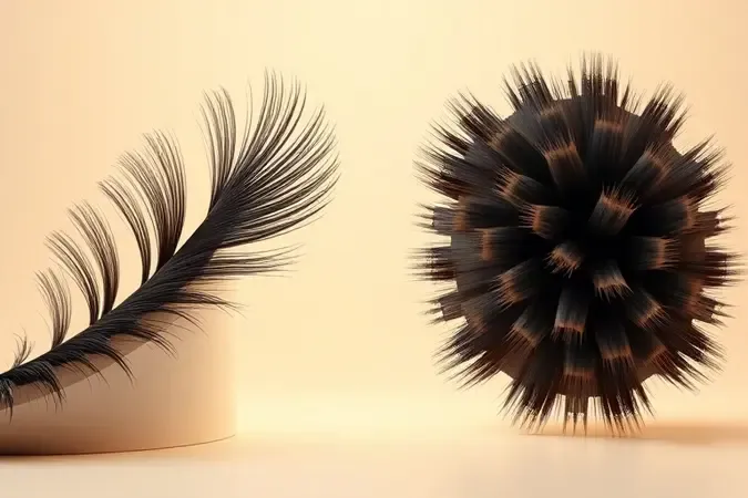 Comparação visual 3D entre efeito de alongamento e efeito de volume nos cílios em composição minimalista abstrata.