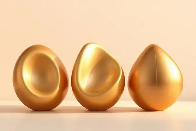 Três formas esculturais abstratas em 3D representando as diferenças entre bronzeador, acelerador e prolongador de bronzeado