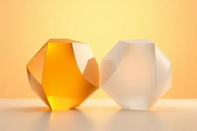 Render 3D comparando formas abstratas douradas e translúcidas para ilustrar a diferença entre bronzeador e protetor solar.