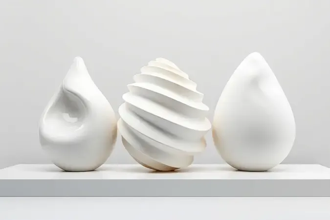 Comparação visual 3D entre condicionador, máscara de hidratação e leave-in com três formas abstratas de consistências e texturas variadas.