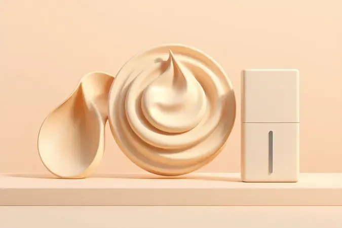 Render 3D comparando três texturas abstratas de corretivo: líquido fluido, cremoso denso e bastão sólido sobre superfície minimalista.