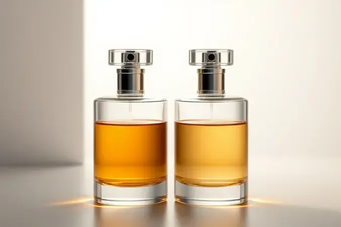 Comparação entre Eau de Parfum e Eau de Toilette com dois frascos de vidro em tons âmbar distintos em render 3D