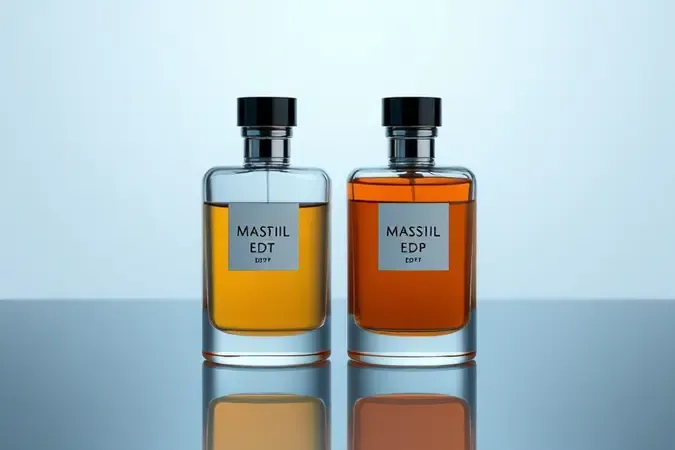 Comparação conceitual entre frascos de perfume masculino representando EDT e EDP em render 3D minimalista.