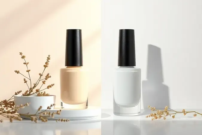 Composição dividida contrastando esmalte hipoalergênico com elementos naturais e esmalte comum com aparência sintética.