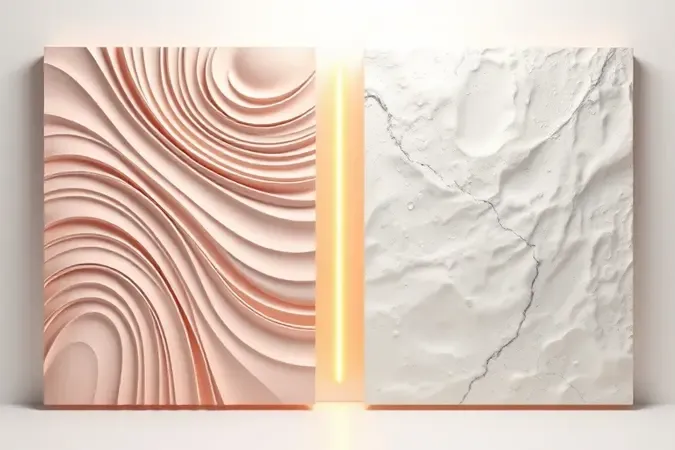 Painéis esculturais 3D contrastando texturas de pele em tons rosados e marfim para ilustrar diferenças entre estrias e celulite.