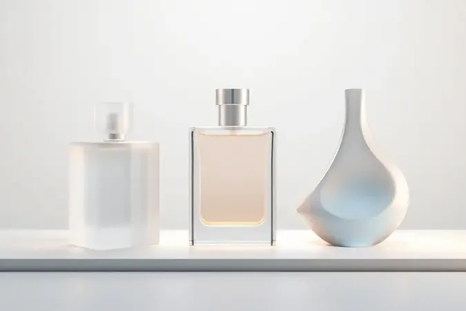 Três formas abstratas de vidro translúcido representando as diferenças olfativas entre perfumes unissex, masculino e feminino.